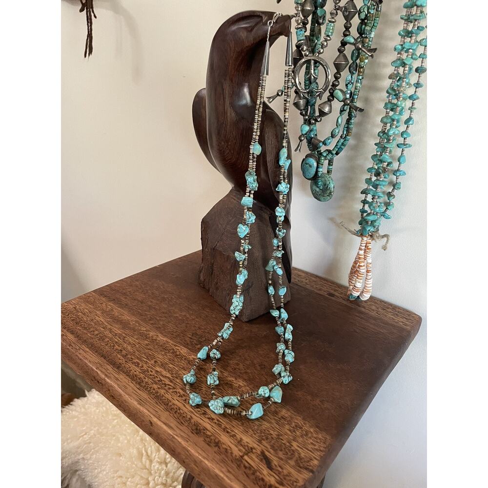 Double Strand Zuni Turquoise Nugget Handcut Heishi Native American Necklace - Picture 4 of 13